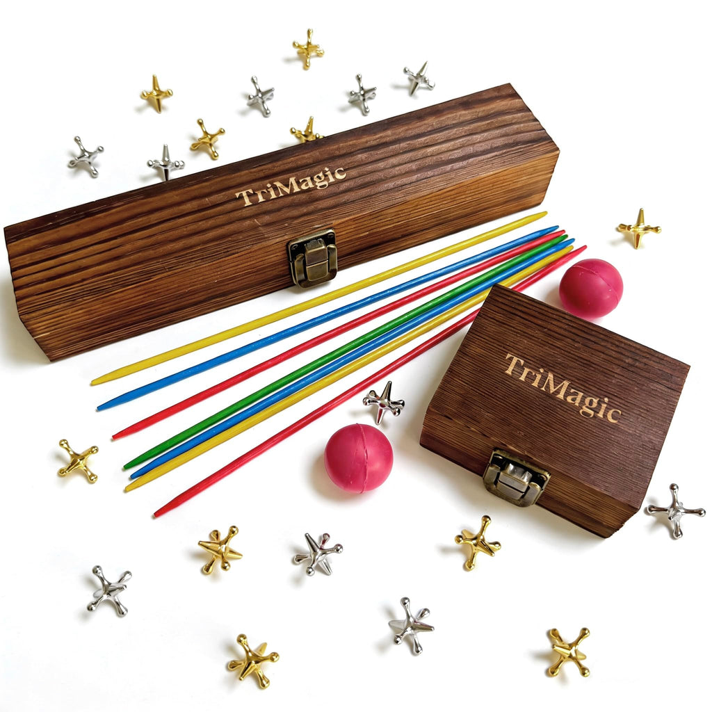 Wooden Gift Boxes 20 Metal Jacks 2 Balls 41 Colored Sticks B373628