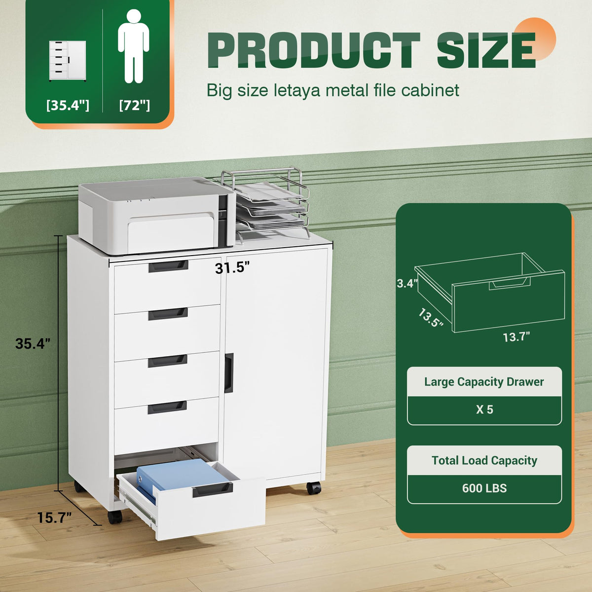 White 5 Drawer Storage Cabinet with Shelves and Door A2091