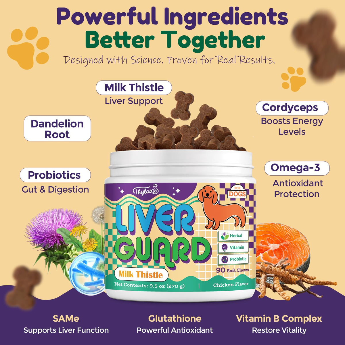 Dog Liver Supplement, Milk Thistle & Same, 5B CFU Probiotics, 90 Soft Chews Q492984