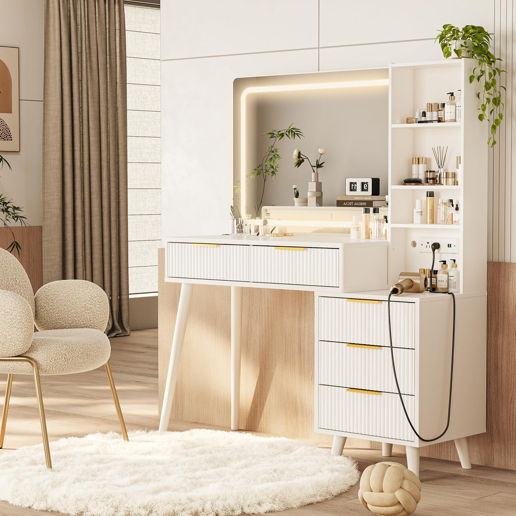 Vanity Desk with Mirror and Lights, 5 Drawers Storage Shelves, 3 Color Modes V125386