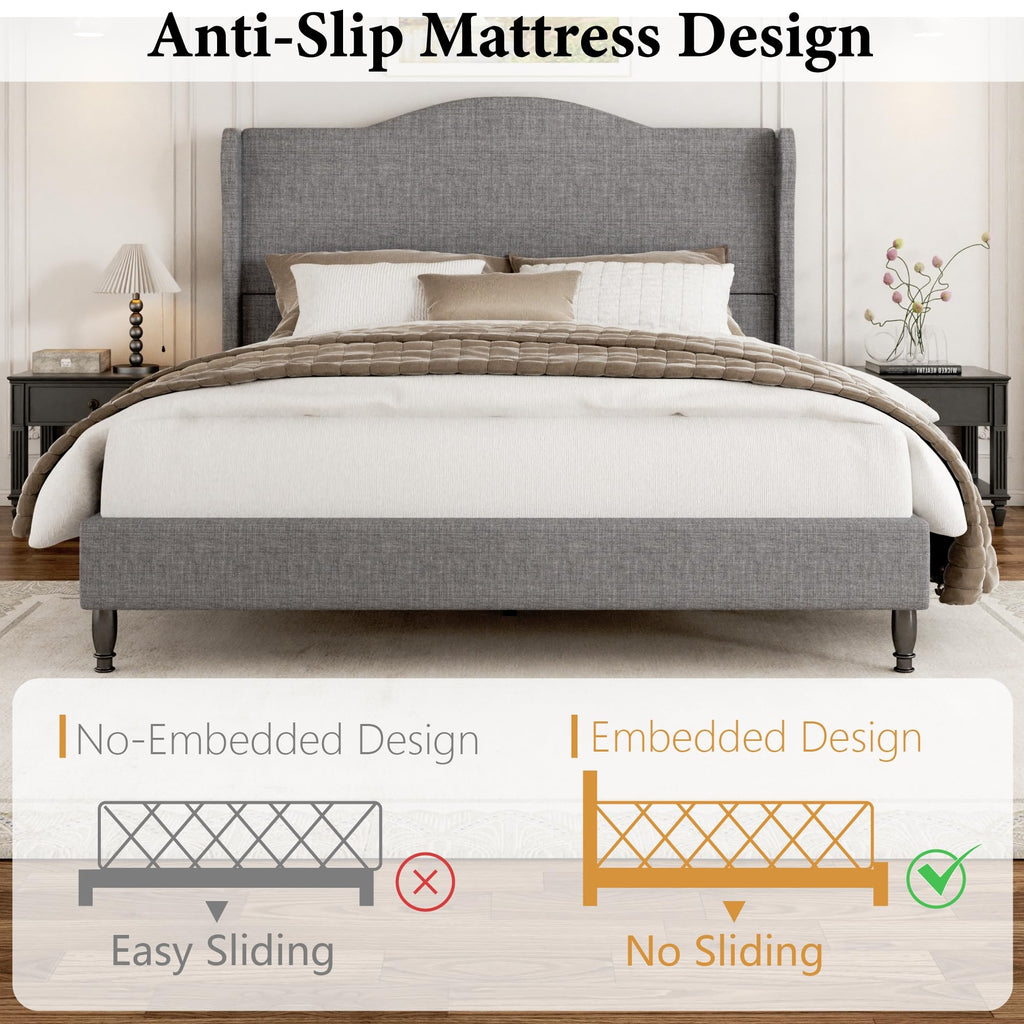 Queen Size Light Grey Upholstered Headboard Bed Frame S90842