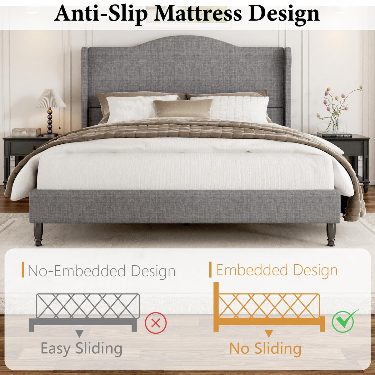 Queen Size Light Grey Upholstered Headboard Bed Frame S90842
