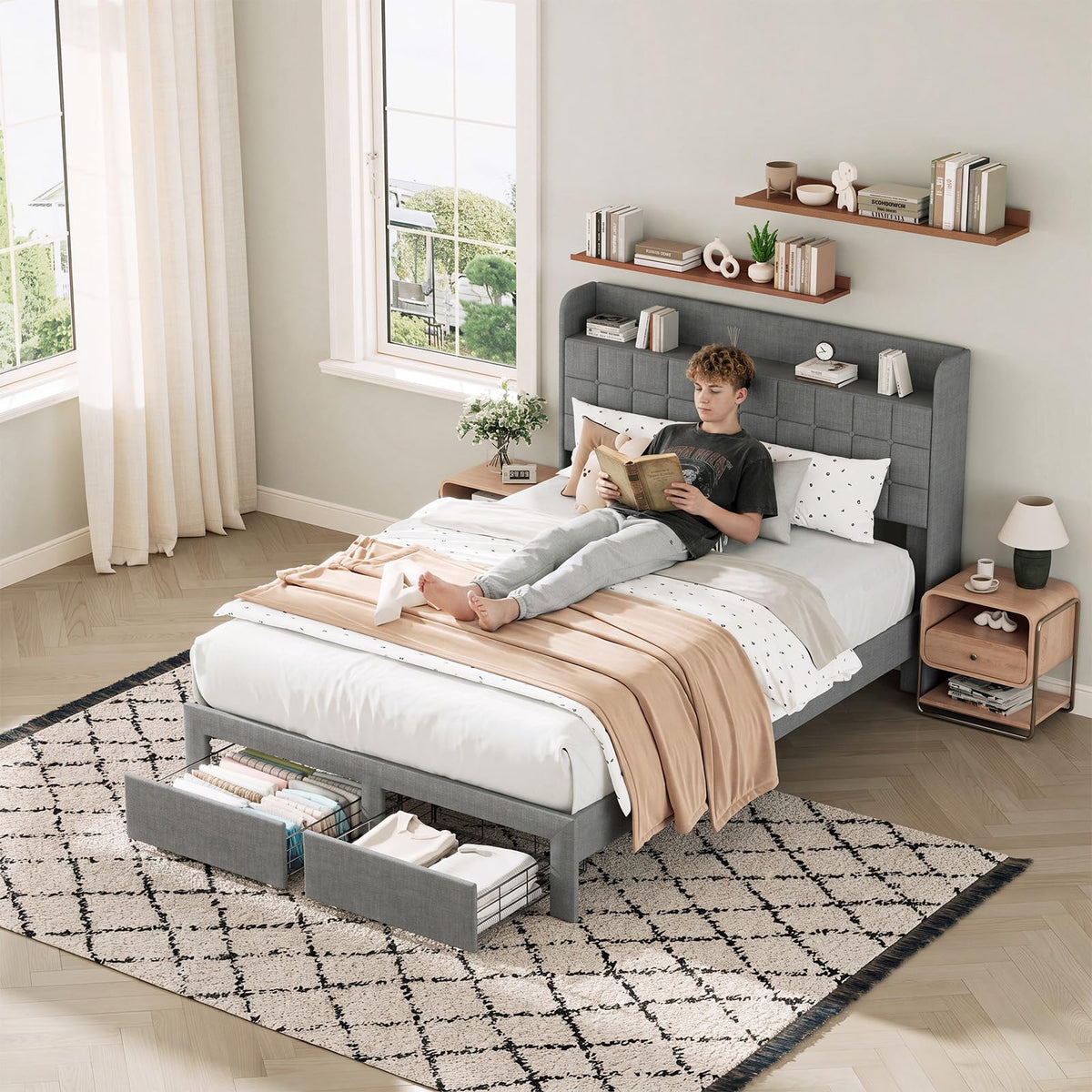 Full Upholstered Platform Bed Frame with Storage Drawers T534