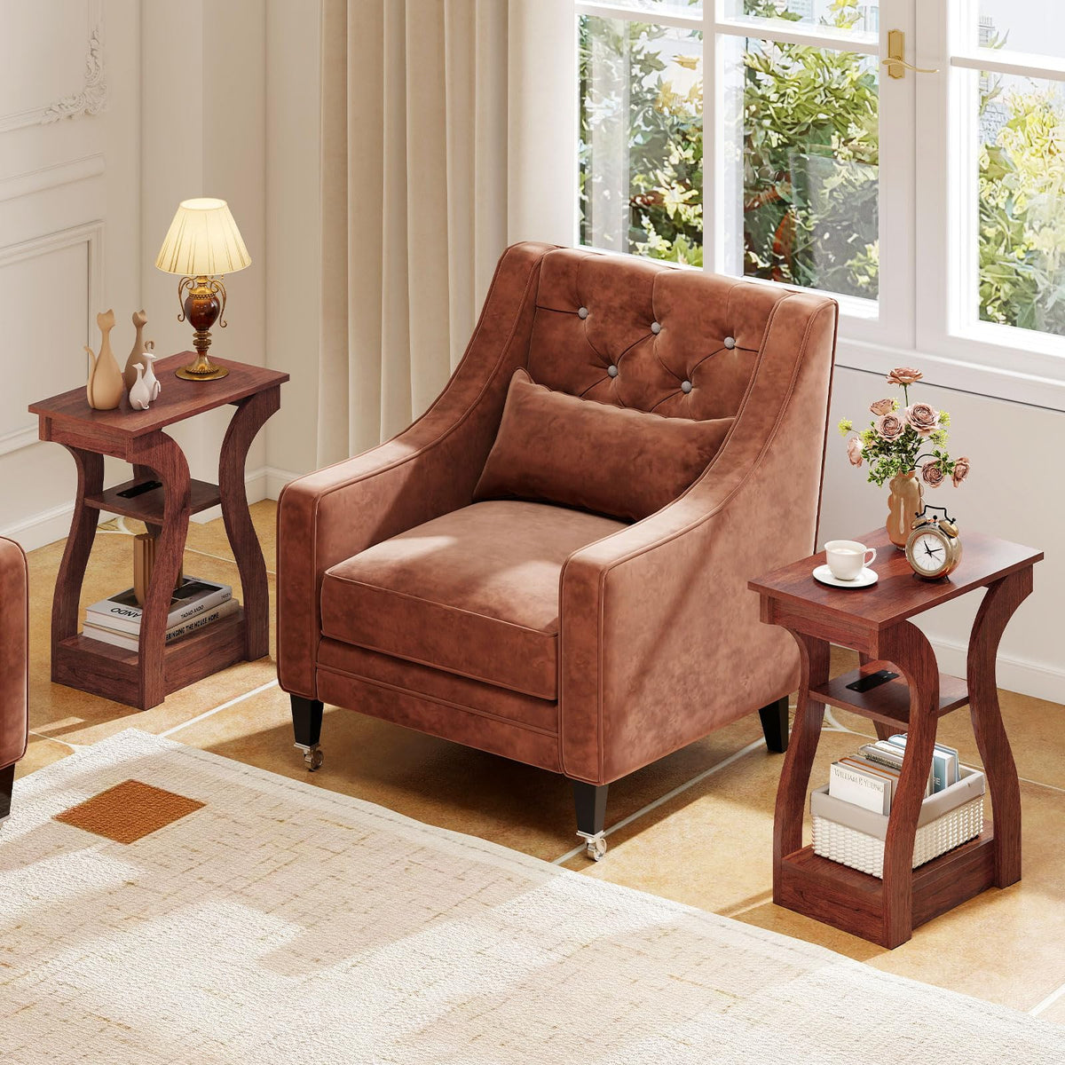 Narrow End Tables Set of 2 Wood with Charging Station F796
