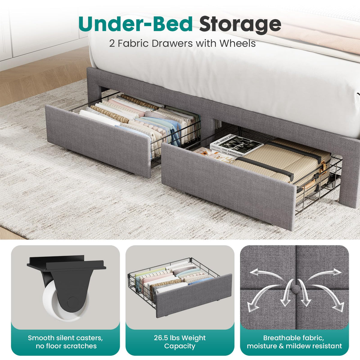 Full Upholstered Platform Bed Frame with Storage Drawers T534