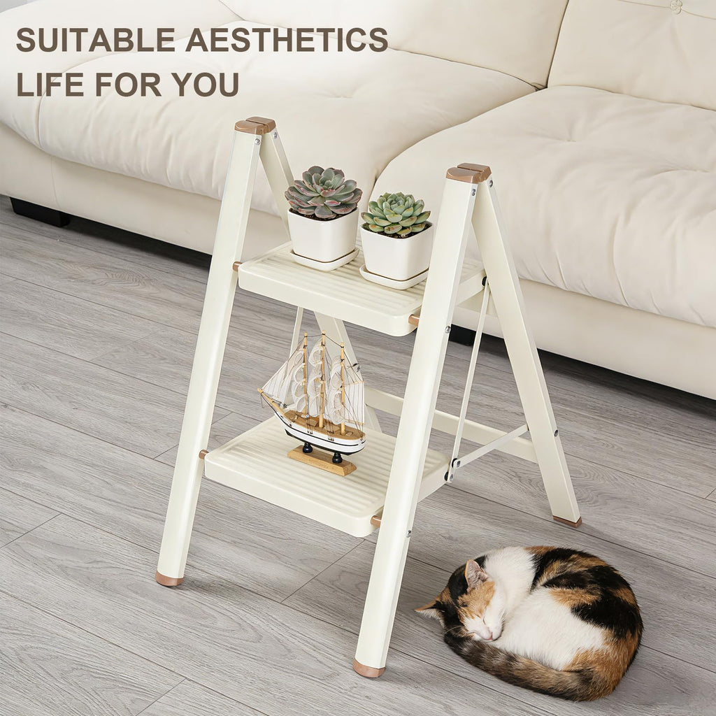 2 Step Ladder Folding Step Stool with Anti-Slip Pedal 330LBS Capacity Cream White P602527