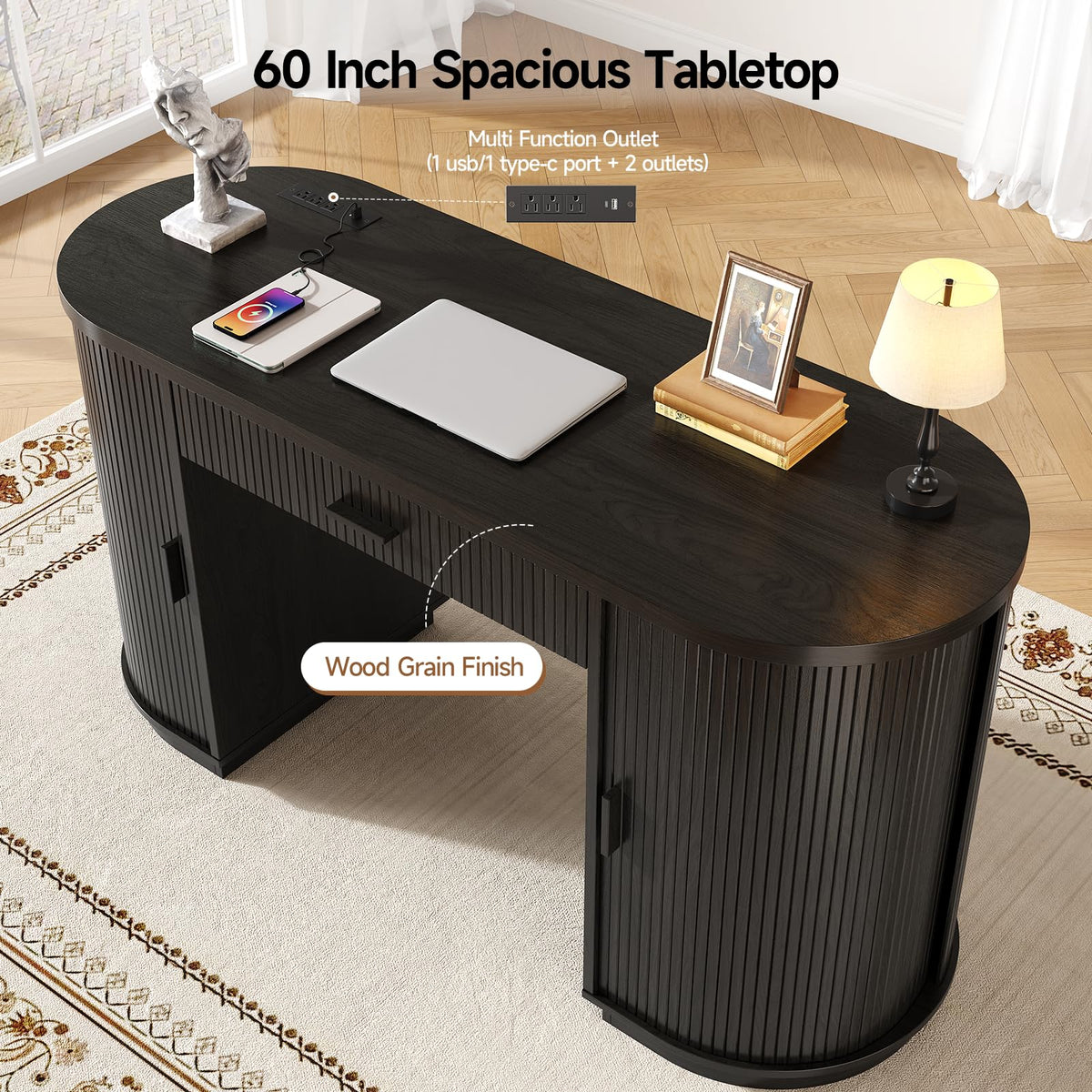 58" Fluted Executive Desk with Storage Drawer, Black V13300