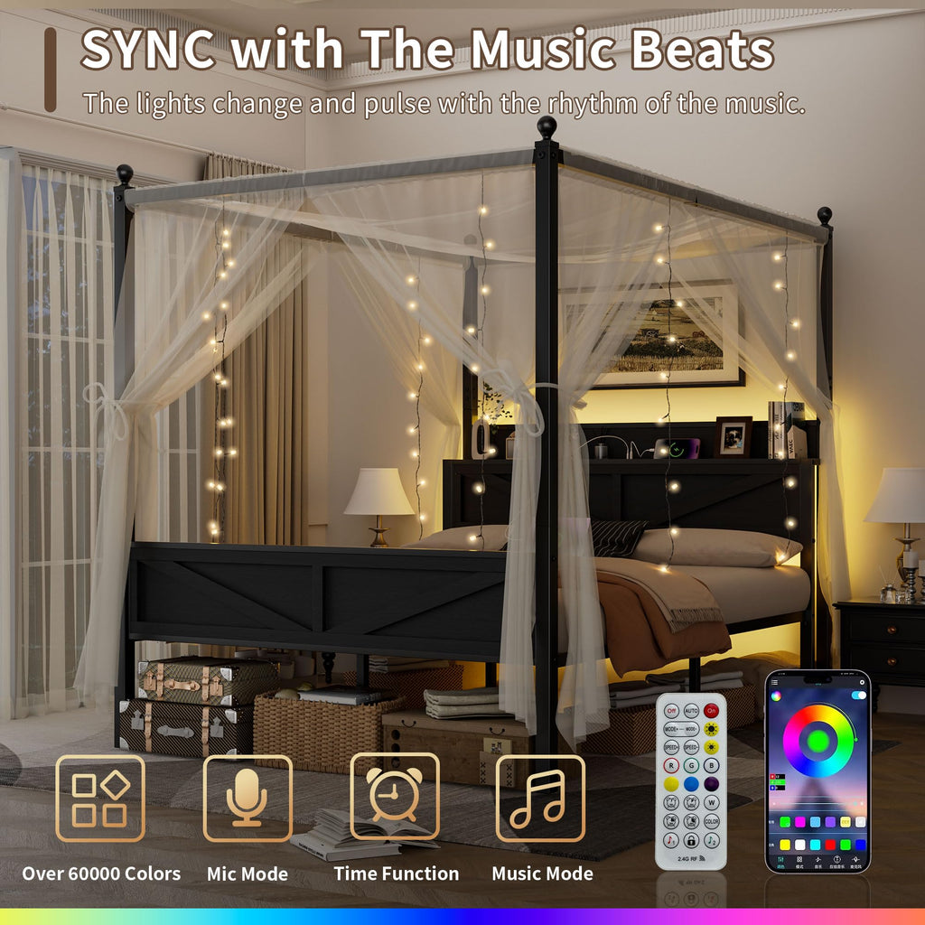 Queen Size Metal Canopy Bed Frame with Storage Headboard F140