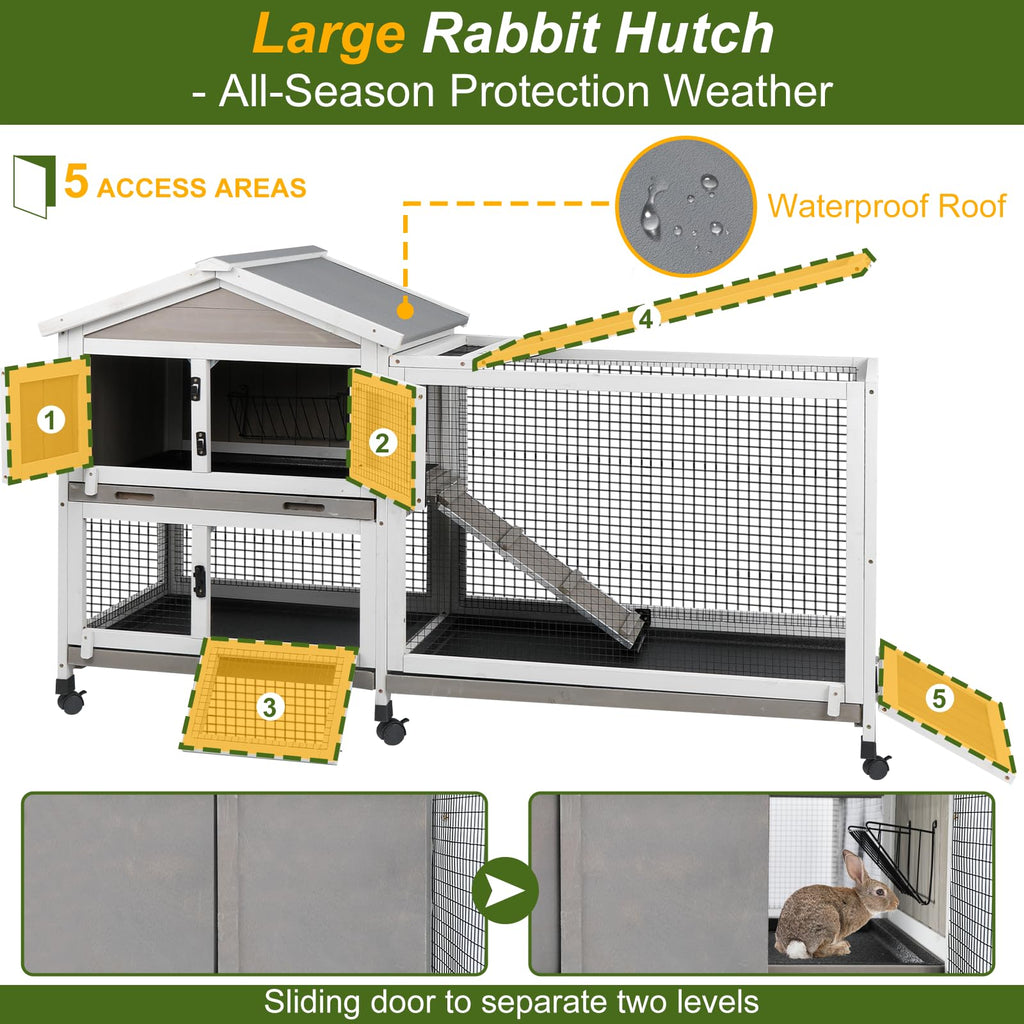 Large Rabbit Hutch with Run 2-Story Bunny Cage 6 Wheels T137343
