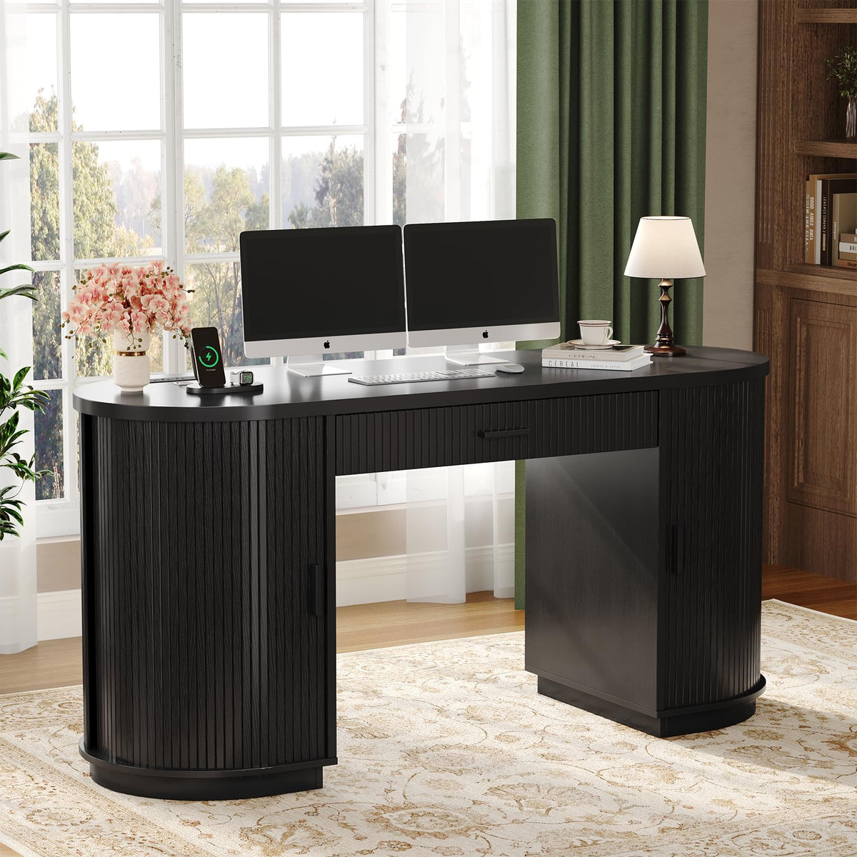 58" Fluted Executive Desk with Storage Drawer, Black V13300