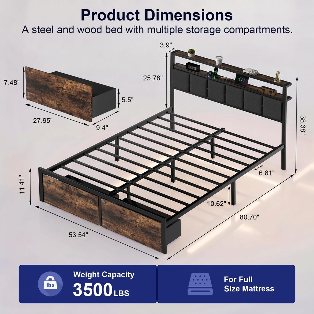 Full Bed Frame with Storage Drawers and LED Lights C199