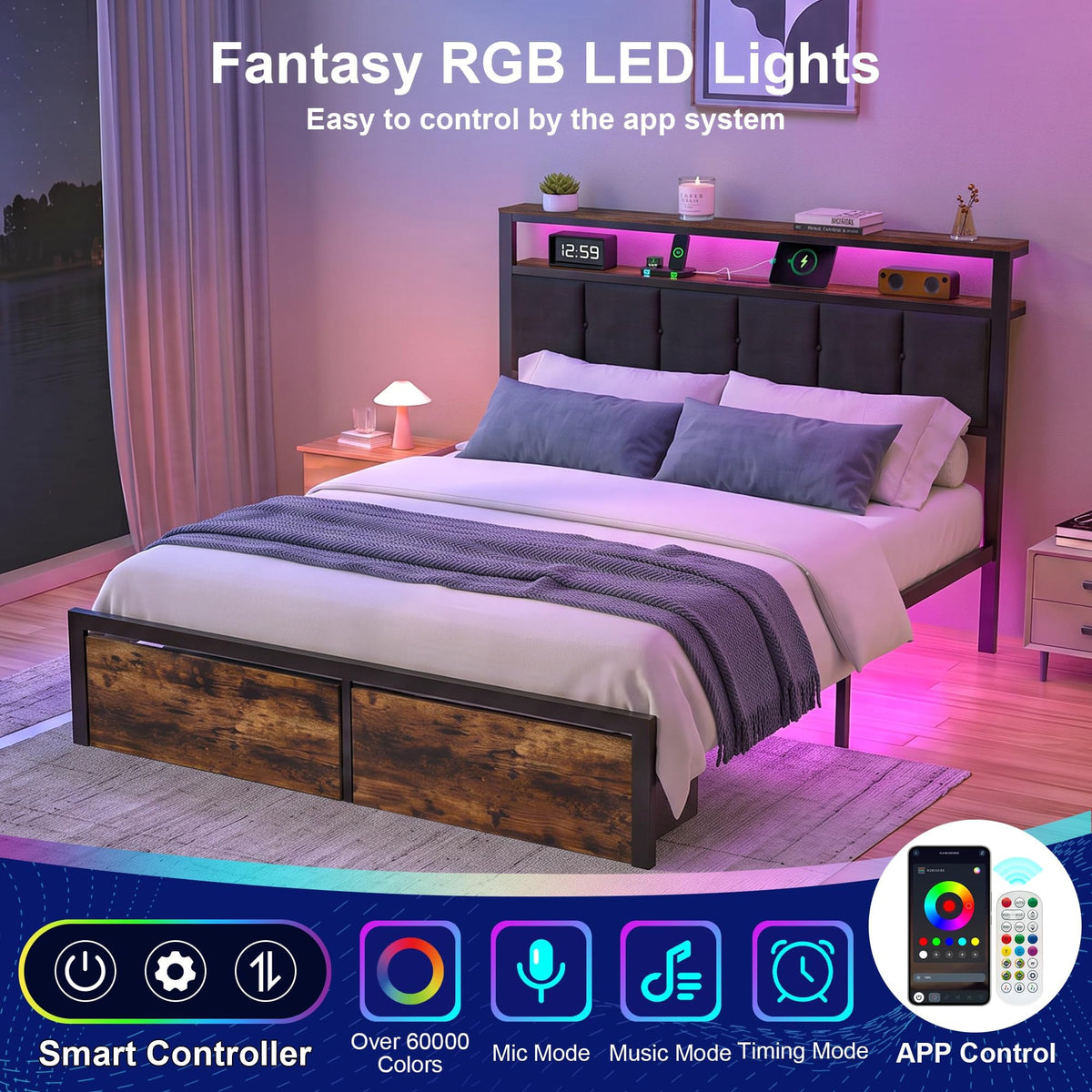 Full Bed Frame with Storage Drawers and LED Lights C199