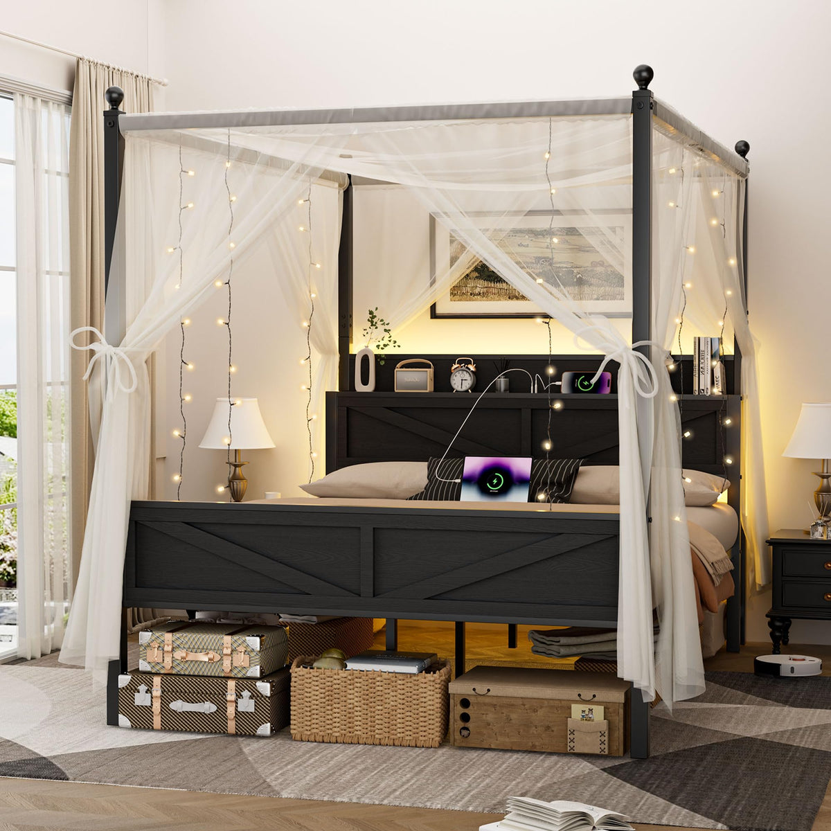 Queen Size Metal Canopy Bed Frame with Storage Headboard F140