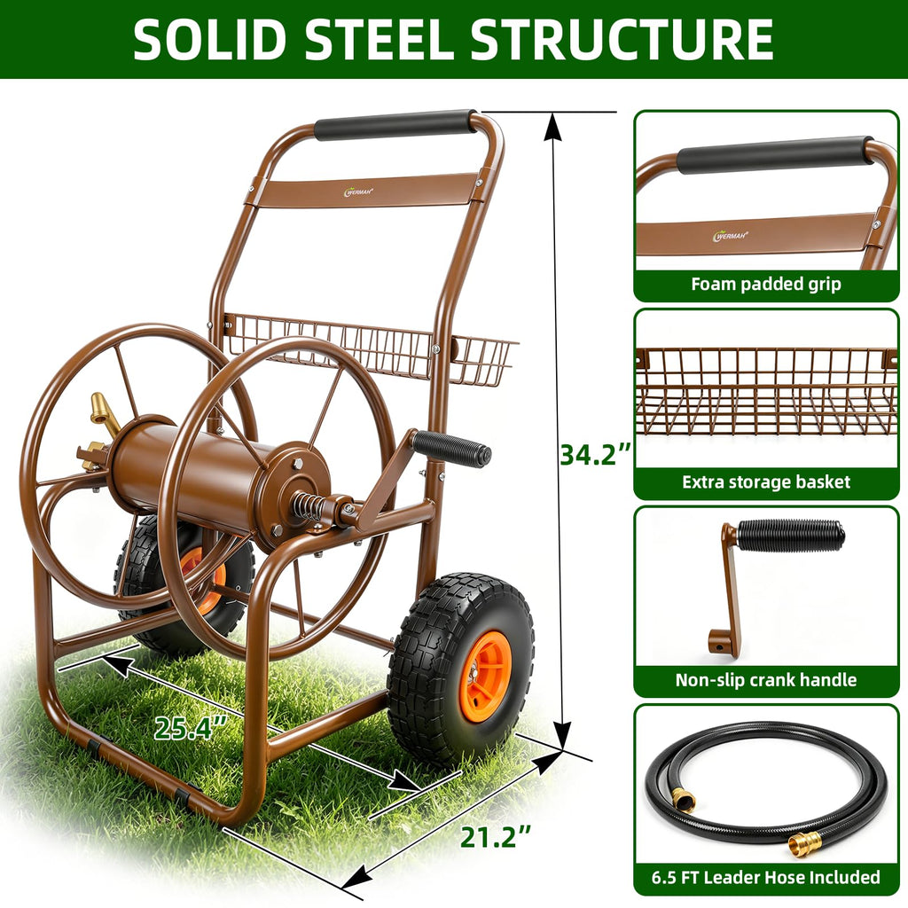 Garden Hose Reel Cart, Heavy Duty Metal with 2 Wheels, Holds 230ft 5/8" X8258
