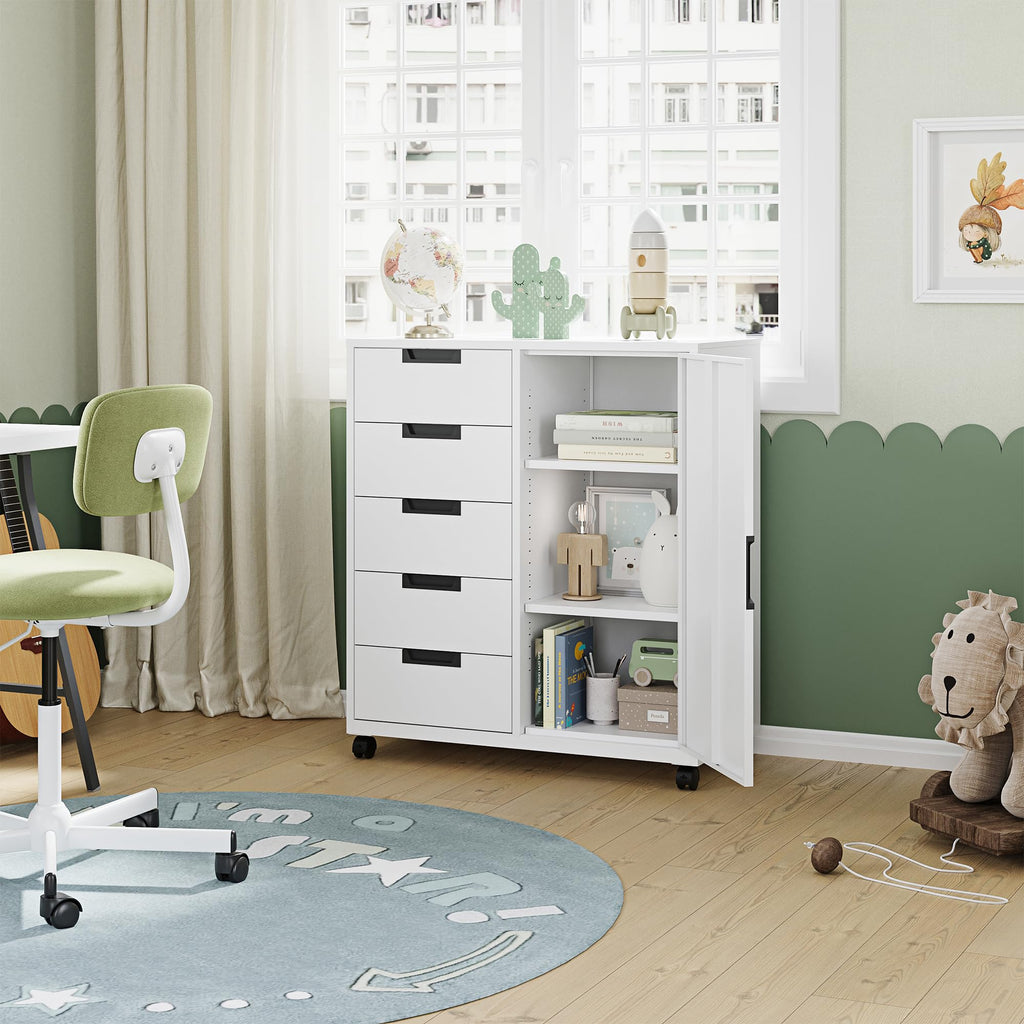 White 5 Drawer Storage Cabinet with Shelves and Door A2091