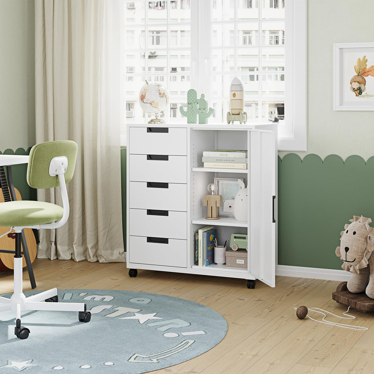 White 5 Drawer Storage Cabinet with Shelves and Door A2091