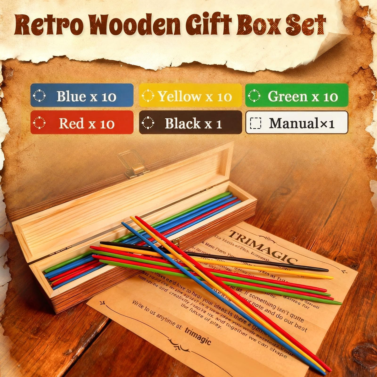 Wooden Gift Boxes 20 Metal Jacks 2 Balls 41 Colored Sticks B373628