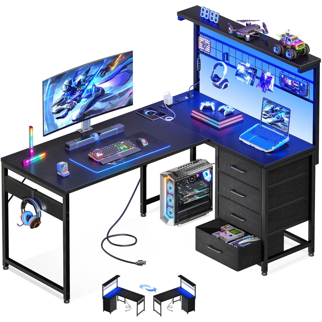43" L Shaped Gaming Desk with Shelf & 4 Drawers Z593