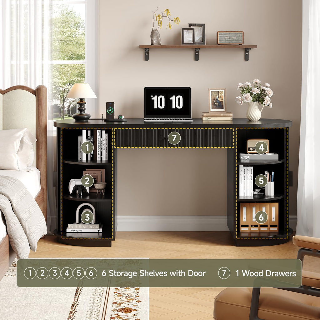 58" Fluted Executive Desk with Storage Drawer, Black V13300