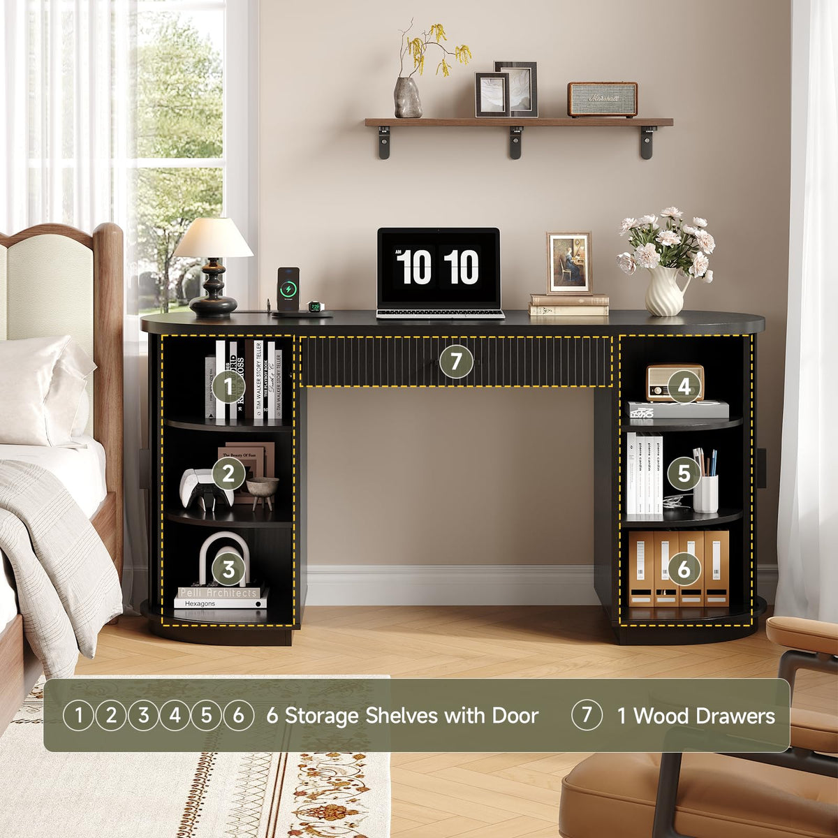 58" Fluted Executive Desk with Storage Drawer, Black V13300