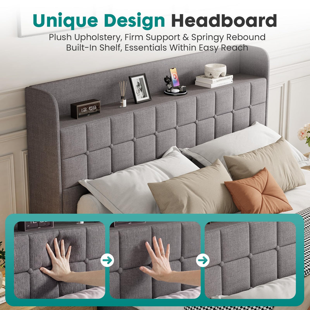 Full Upholstered Platform Bed Frame with Storage Drawers T534