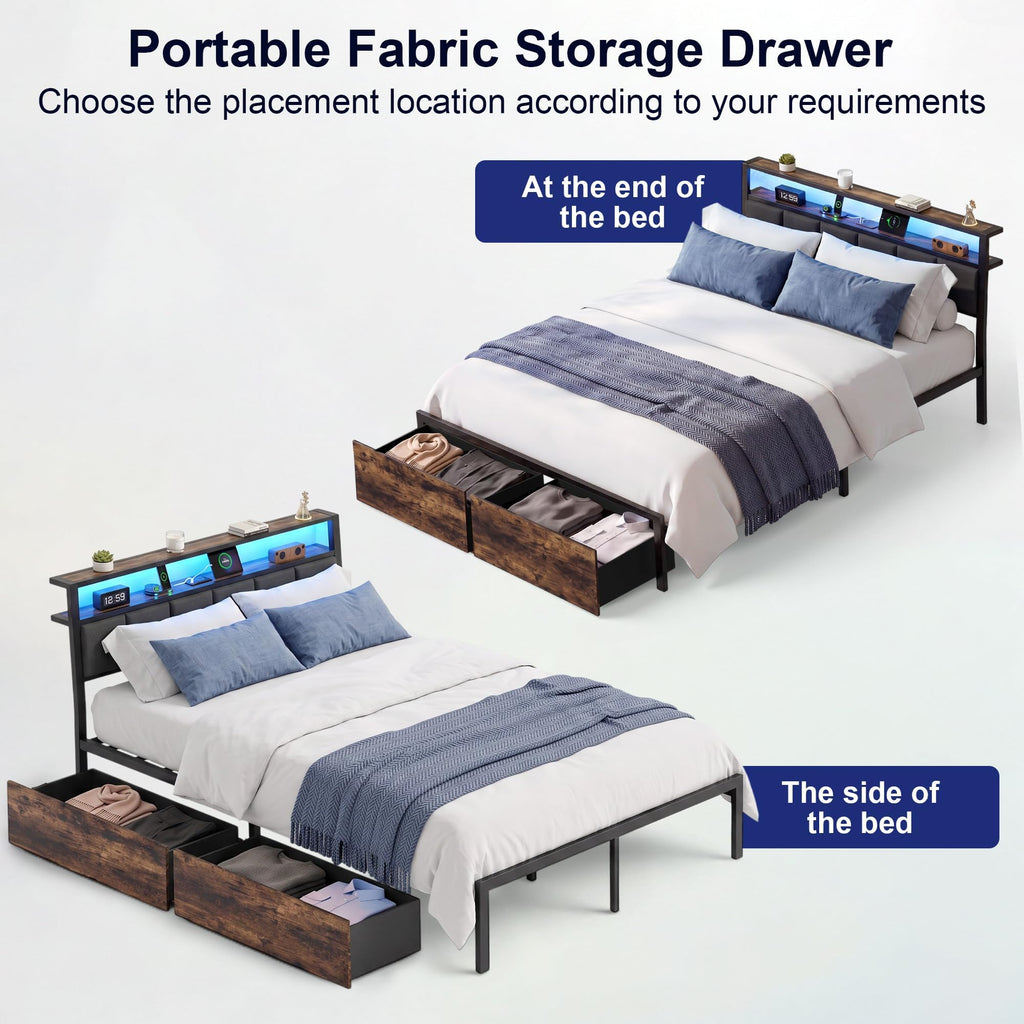 Full Bed Frame with Storage Drawers and LED Lights C199