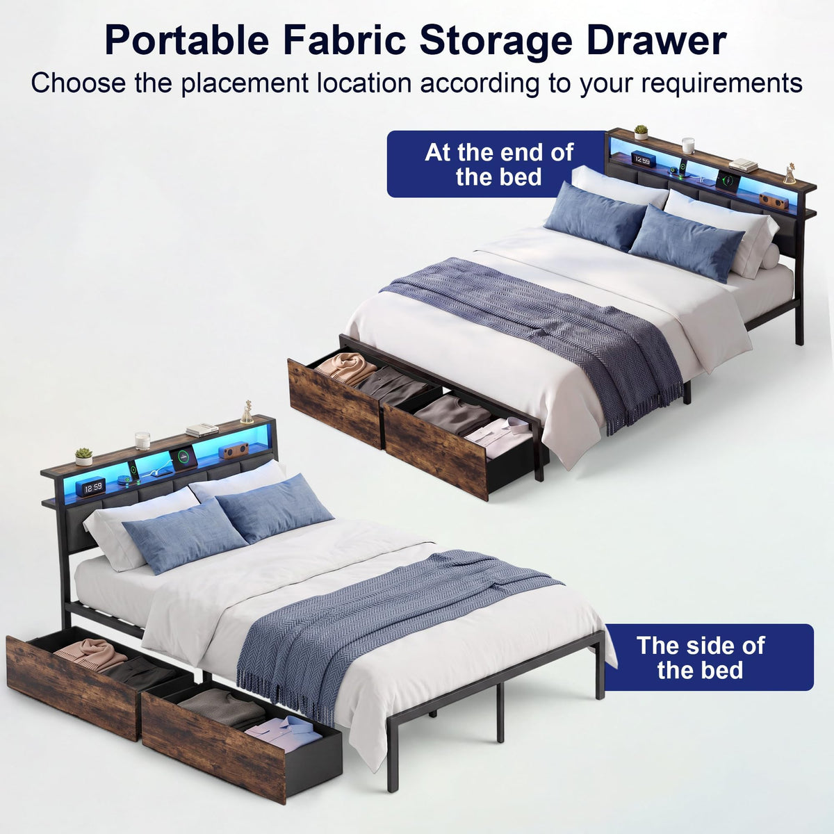 Full Bed Frame with Storage Drawers and LED Lights C199