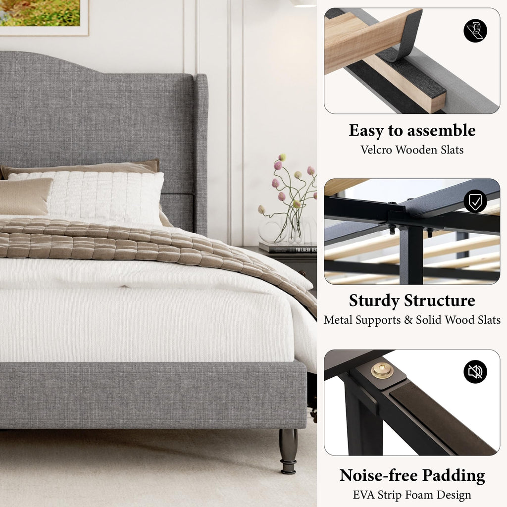 Queen Size Light Grey Upholstered Headboard Bed Frame S90842