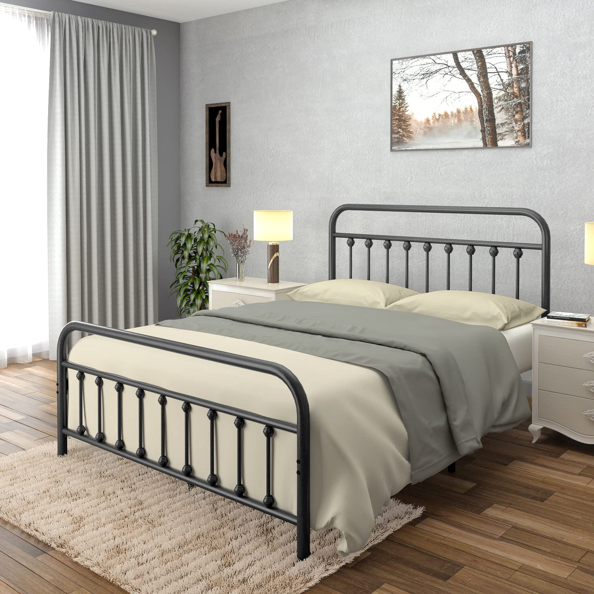 Black Full Size Metal Bed Frame with Wrought Iron Headboard Y5767