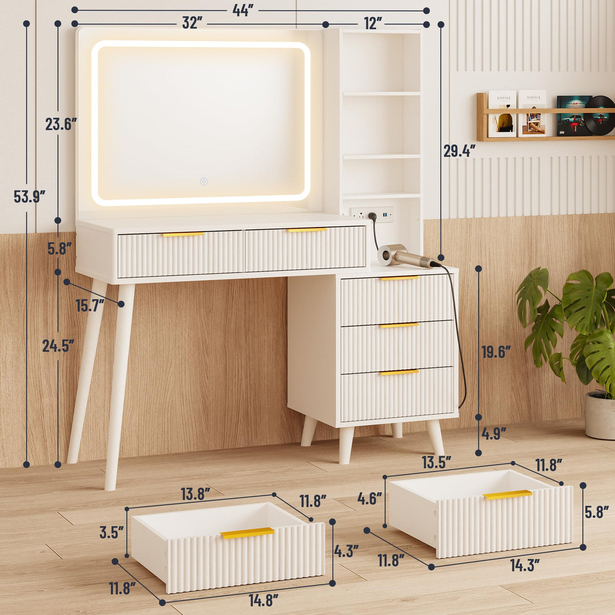 Vanity Desk with Mirror and Lights, 5 Drawers Storage Shelves, 3 Color Modes V125386