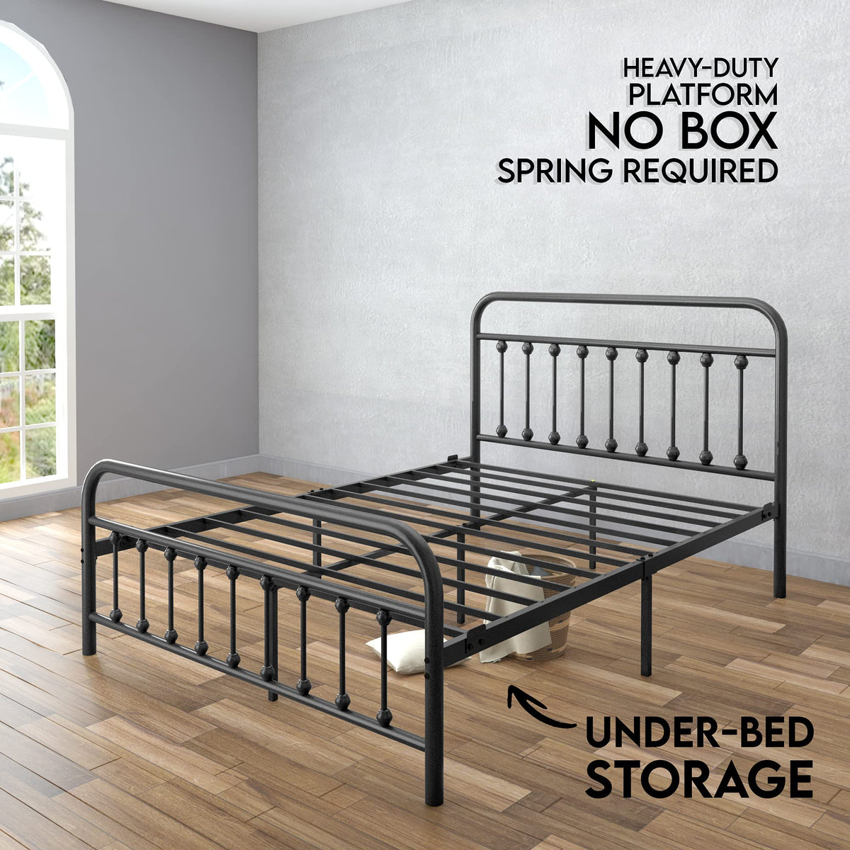 Black Full Size Metal Bed Frame with Wrought Iron Headboard Y5767