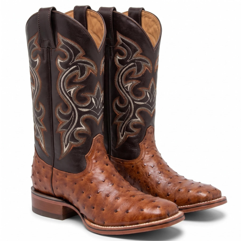 Genuine Cowhide Leather Ostrich Print Square Toe Western Boots Z80752