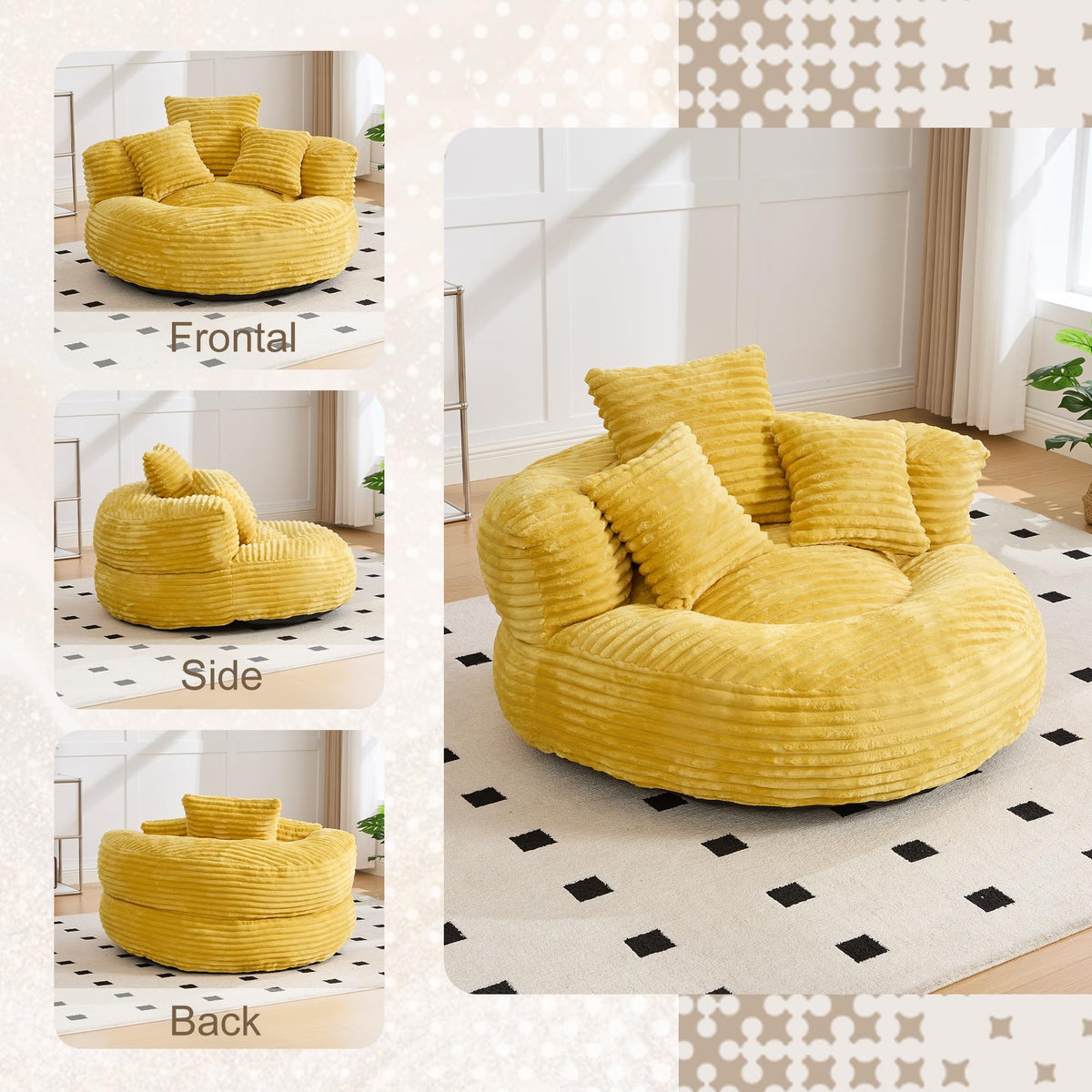 Oversized Corduroy Bean Bag Chair with 3 Pillows F92504