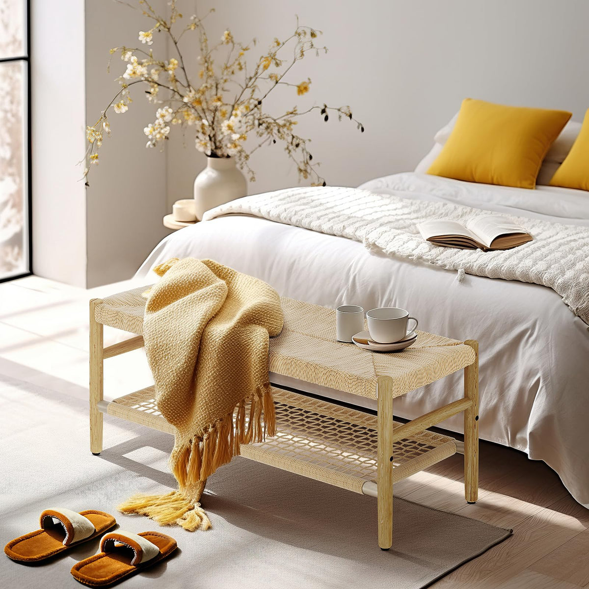 Indoor Entryway Bench with Storage Rack and Rubber Wood Legs I779
