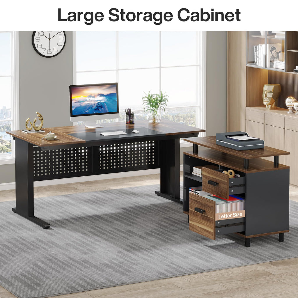 63 Inch L Shaped Computer Desk with File Cabinet and Storage Shelves X399720