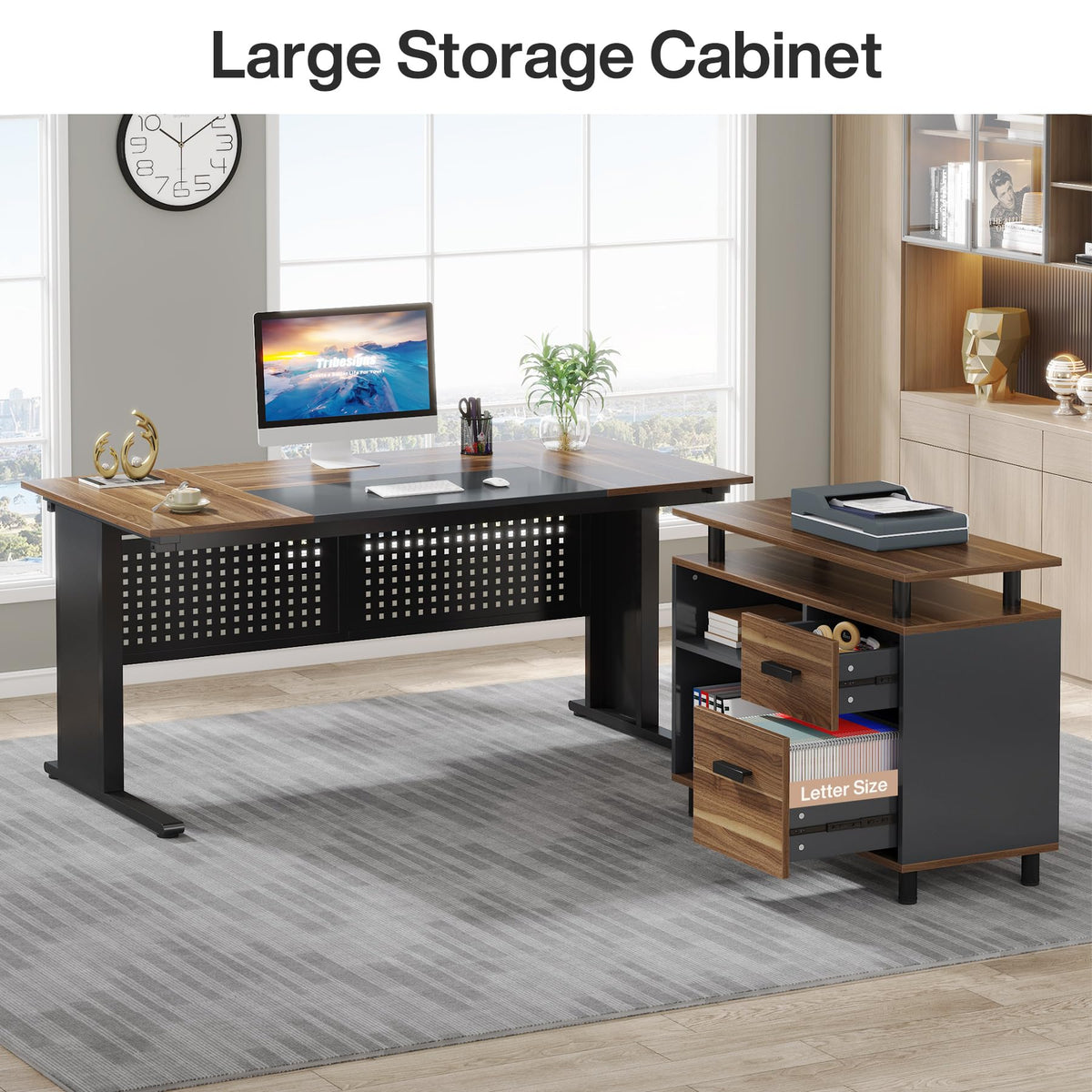 63 Inch L Shaped Computer Desk with File Cabinet and Storage Shelves X399720