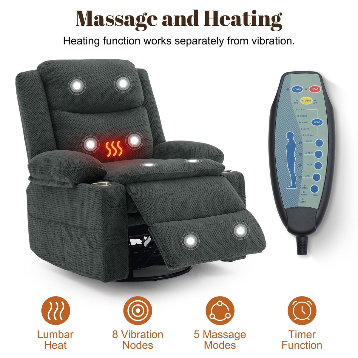 Gray Swivel Rocker Recliner with Massage & Heat B8283