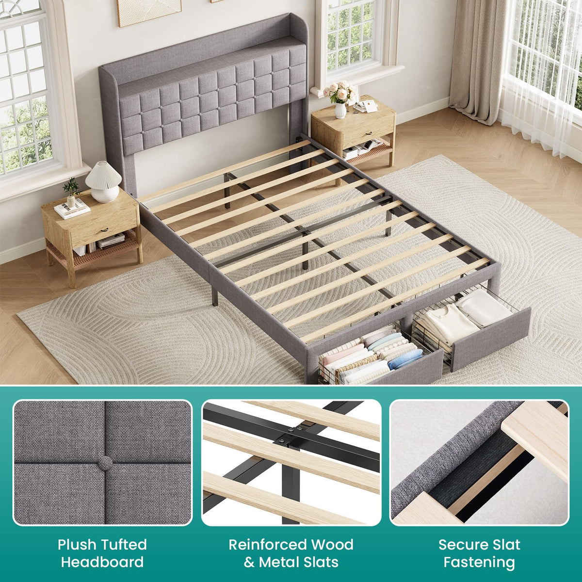 Full Upholstered Platform Bed Frame with Storage Drawers T534