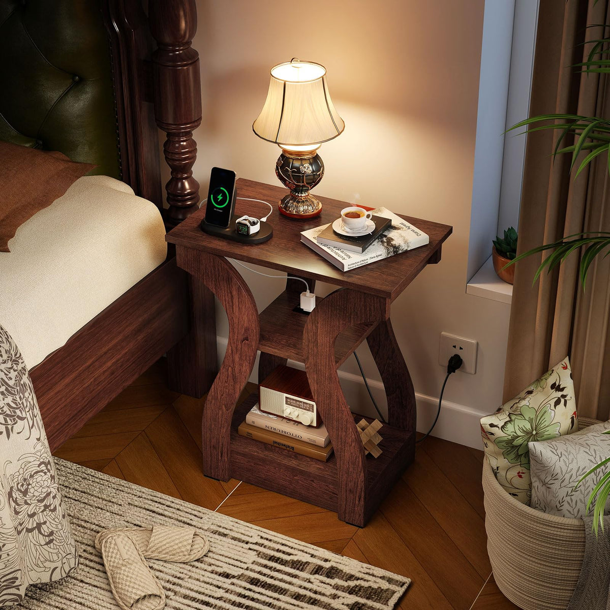Narrow End Tables Set of 2 Wood with Charging Station F796