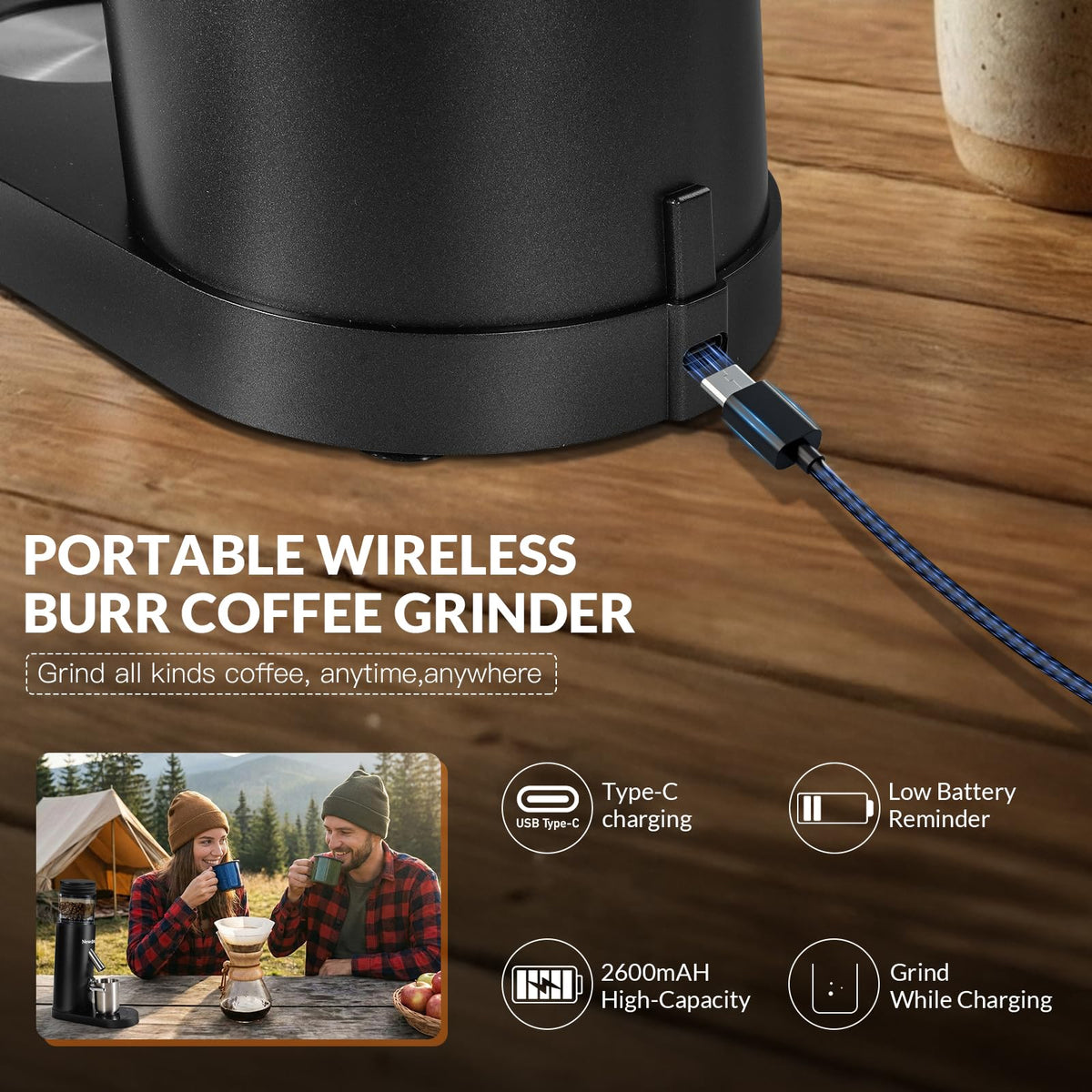 Cordless Black Conical Burr Coffee Grinder V187599
