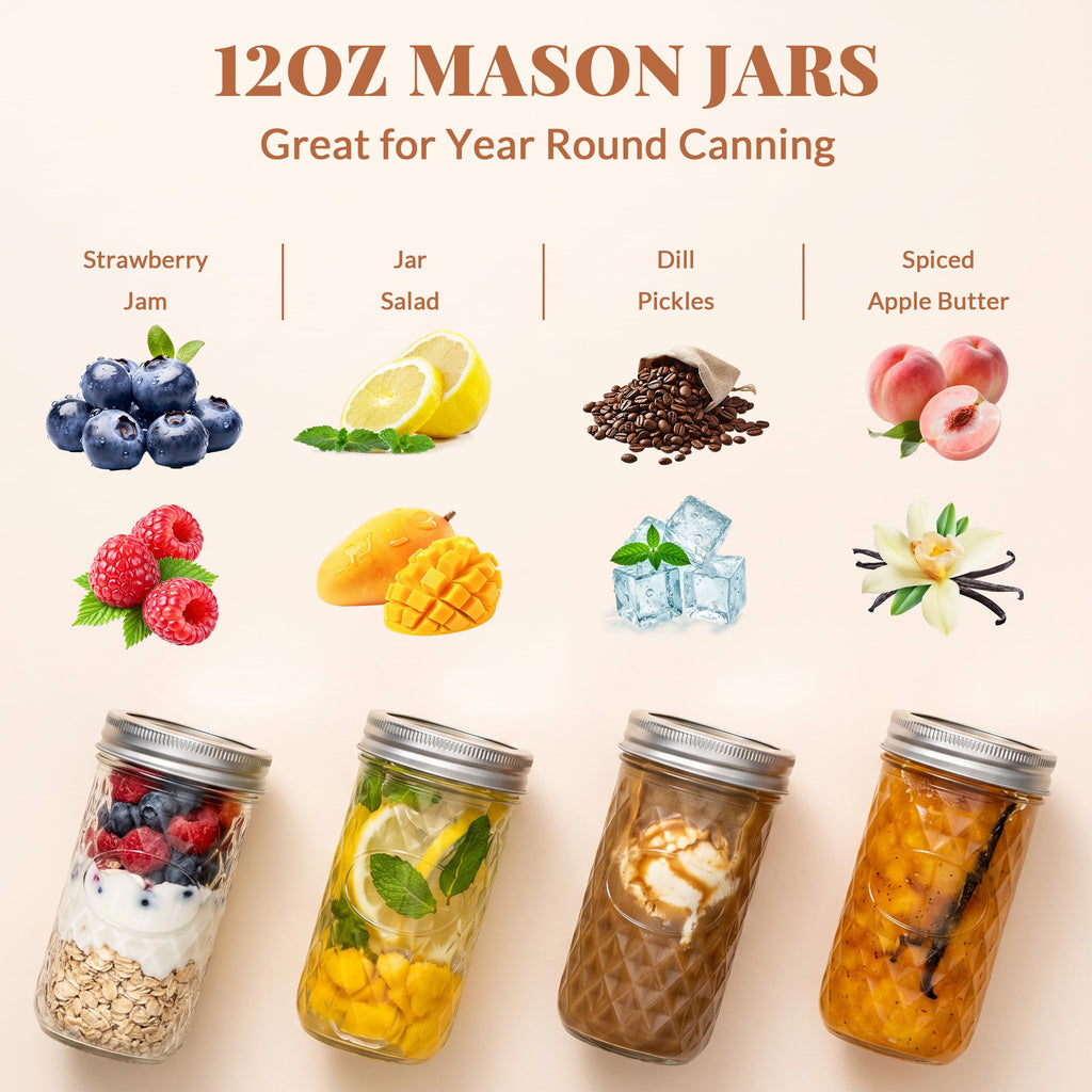 12 Pack 12oz Regular Mouth Glass Jars With Lids O18179