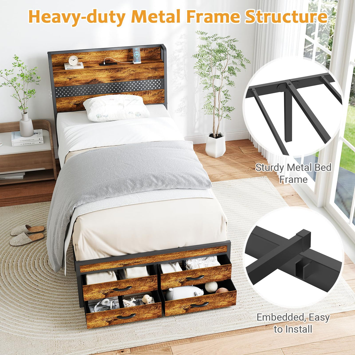 Twin Bed Frame with 2 Storage Drawers I364414