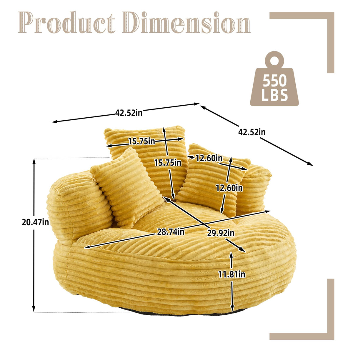Oversized Corduroy Bean Bag Chair with 3 Pillows F92504