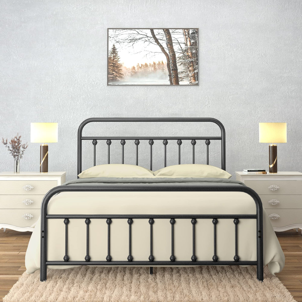 Black Full Size Metal Bed Frame with Wrought Iron Headboard Y5767