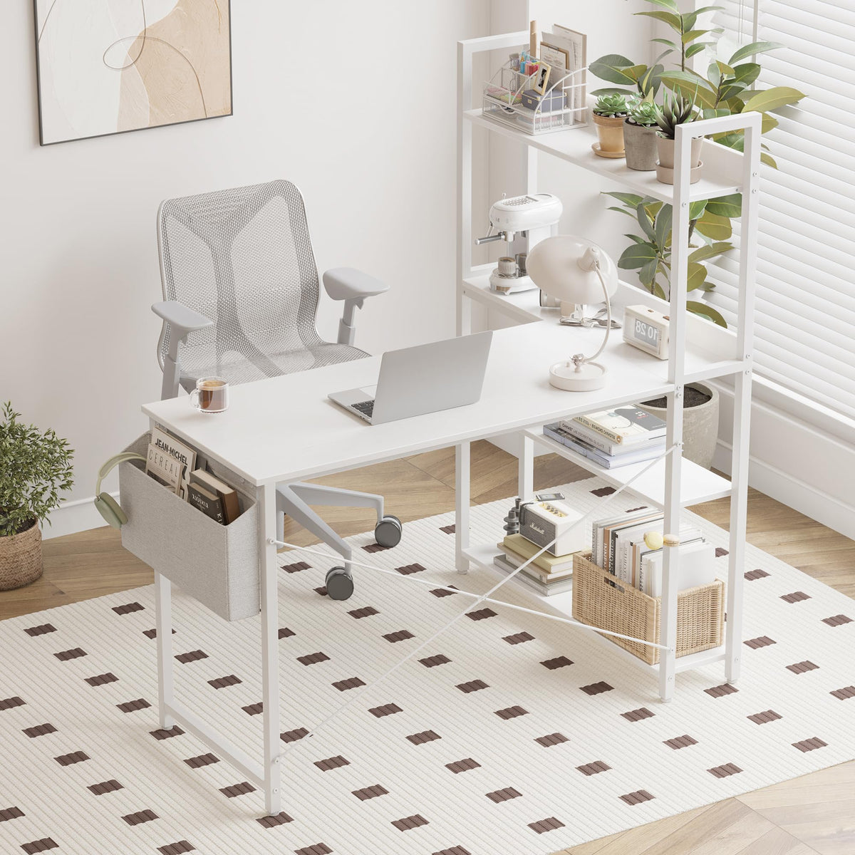 47 Inch White Computer Desk with Bookshelf K758864