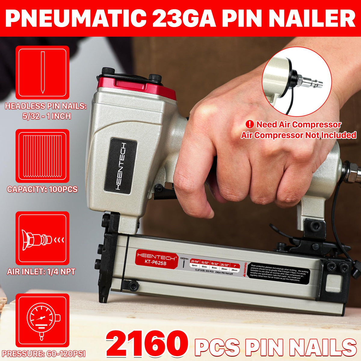 Pneumatic Pin Nailer 23 Gauge with 2160pcs Pin Nails C856