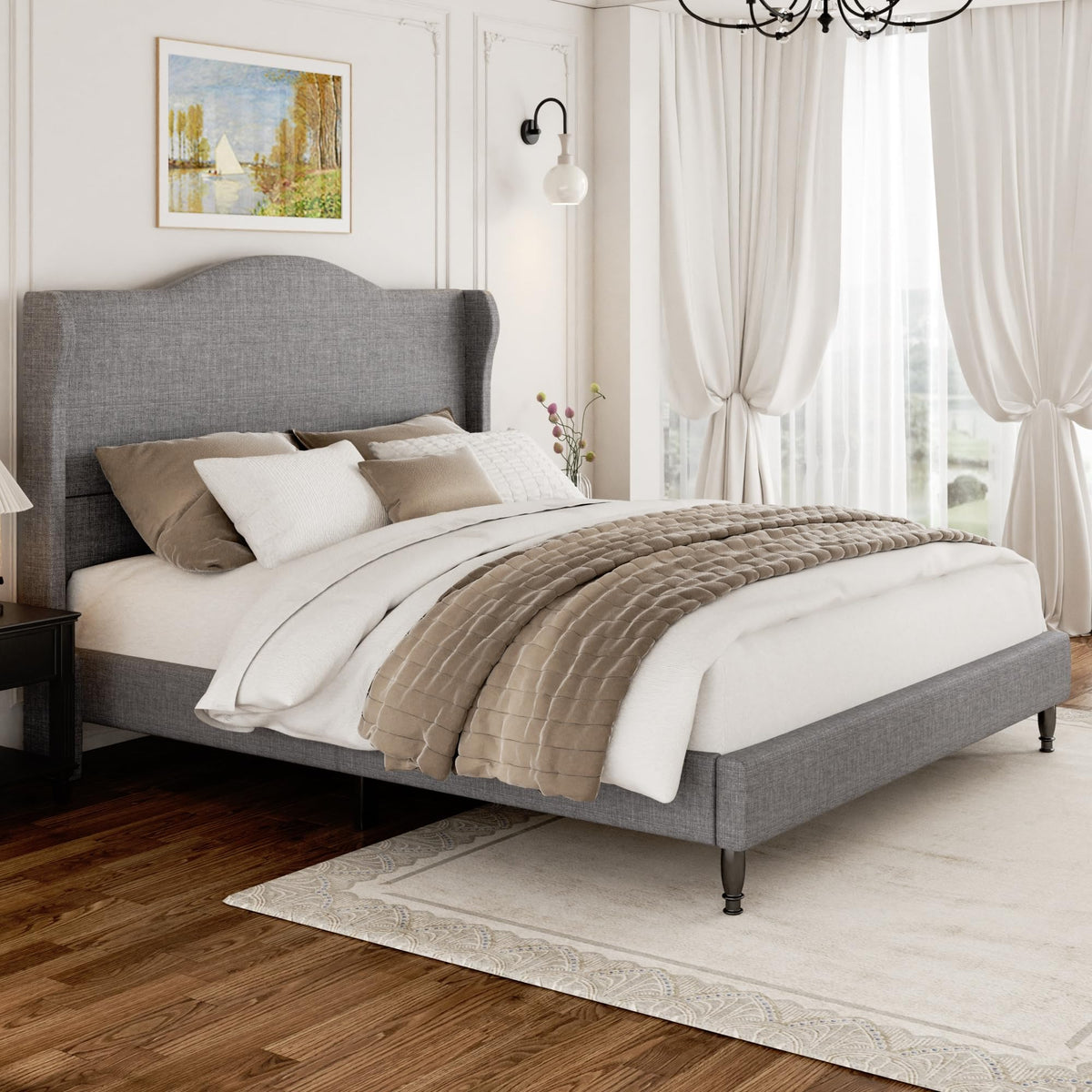 Queen Size Light Grey Upholstered Headboard Bed Frame S90842