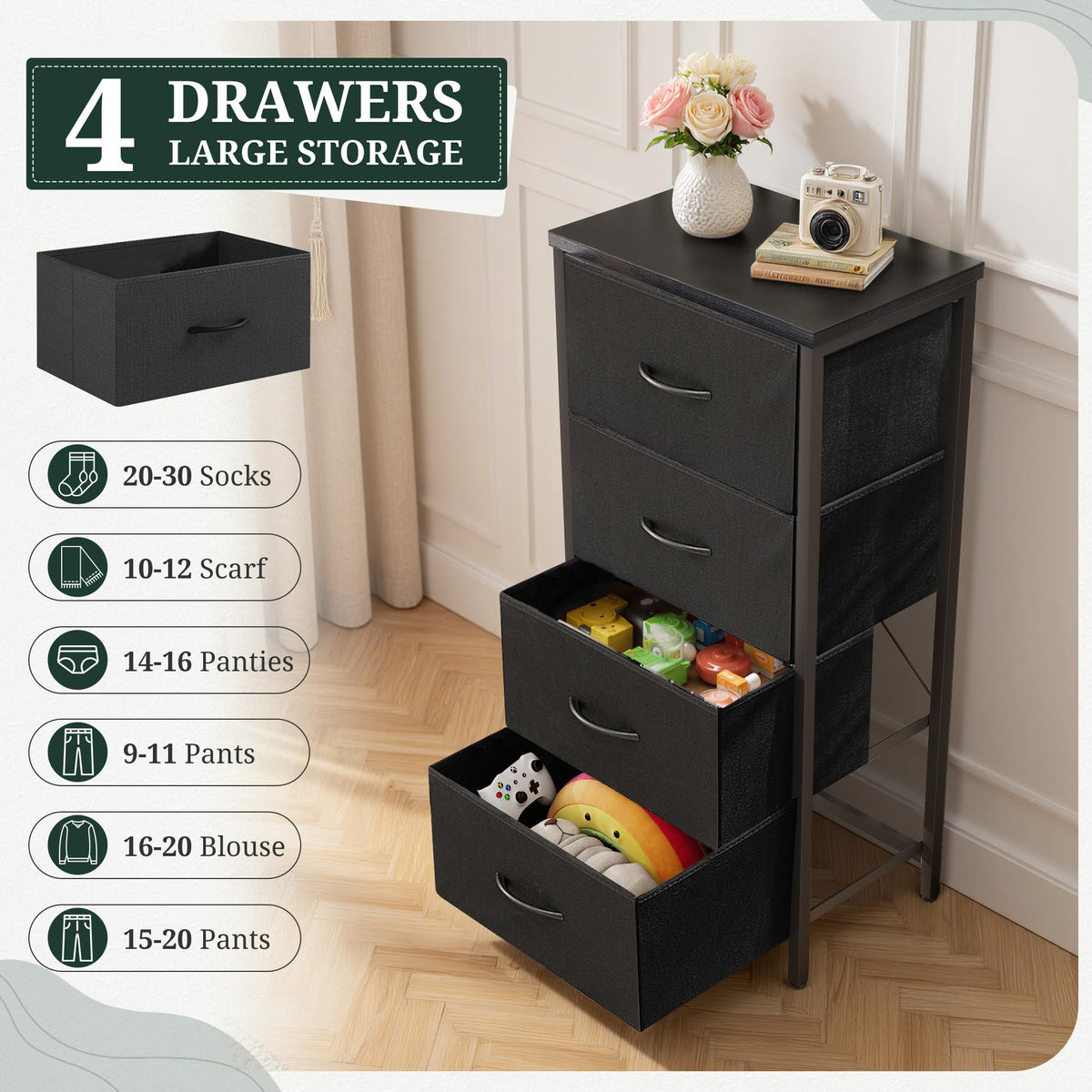 4 Drawer Fabric Storage Dresser with Wooden Top N1926