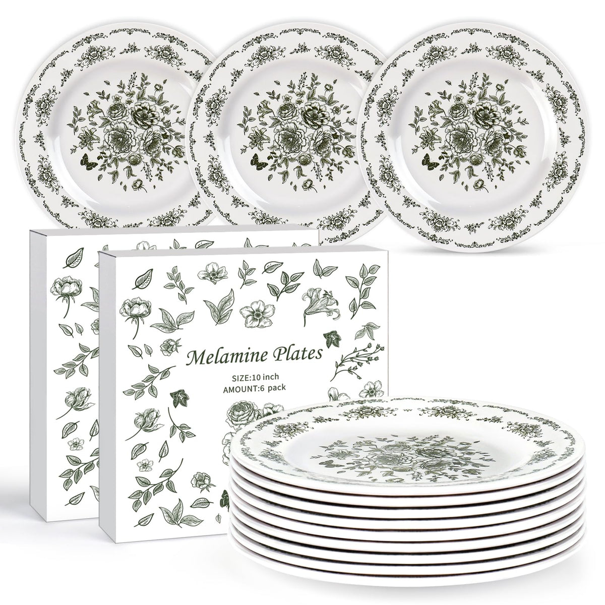 12 Piece 10 inch Green and White Floral Melamine Dinner Plates V964