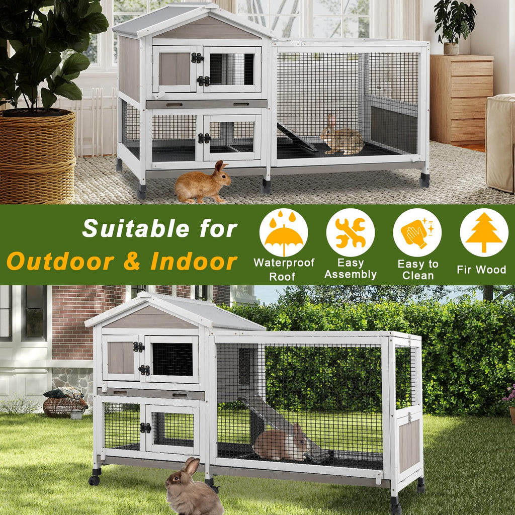 Large Rabbit Hutch with Run 2-Story Bunny Cage 6 Wheels T137343